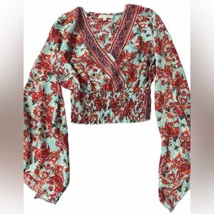 EARTHBOUND Aqua and Red Floral Smocked Bottom Crop Top Size Small flowy sleeves
